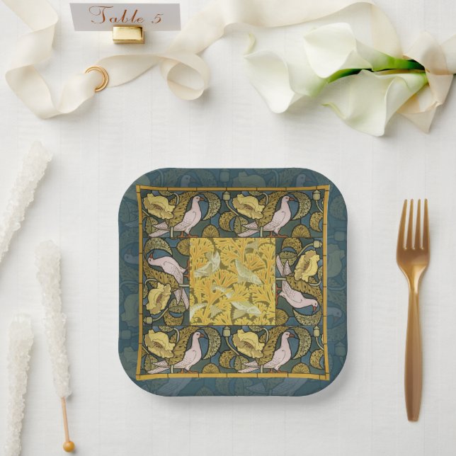 Pigeon Blue Yellow Fish Art Nouveau Pappteller (Hochzeit)