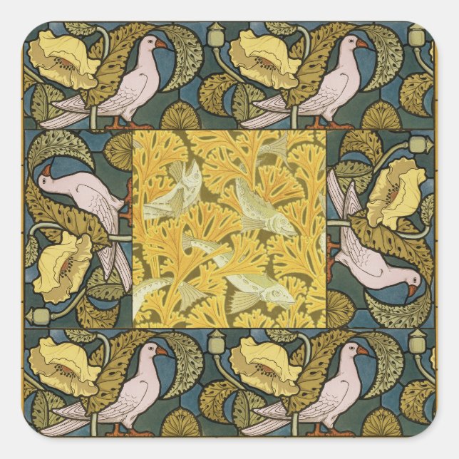 Pigeon Blue Yellow Fish Art Nouveau Quadratischer Aufkleber (Vorderseite)