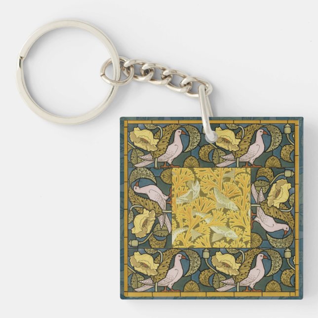 Pigeon Blue Yellow Fish Art Nouveau Schlüsselanhänger (Vorderseite)
