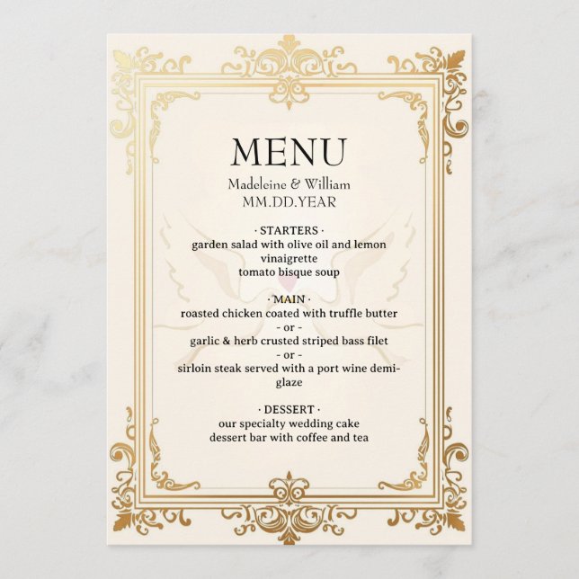 Pigeon Elegant Luxury Gold Wedding Menükarte (Vorderseite)