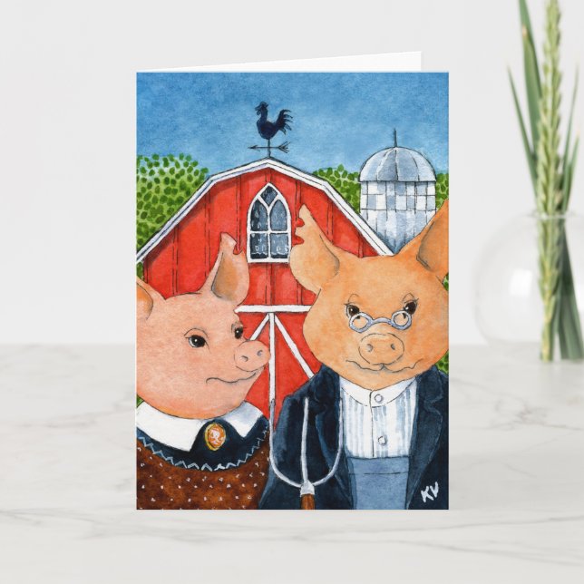 Piggies barnyard American Gothic Grußkarte Karte (Vorderseite)
