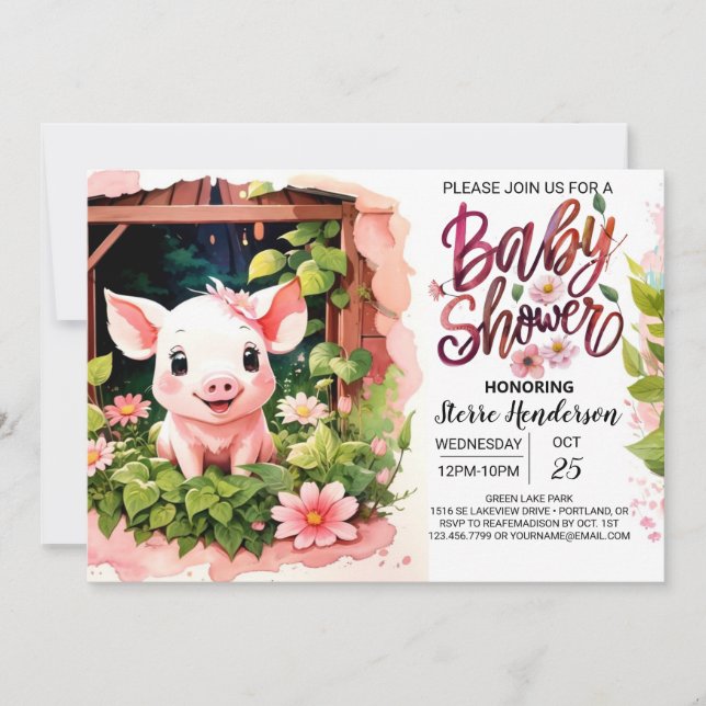 Piggy Pink Party Floral Baby Dusche Einladung (Vorderseite)