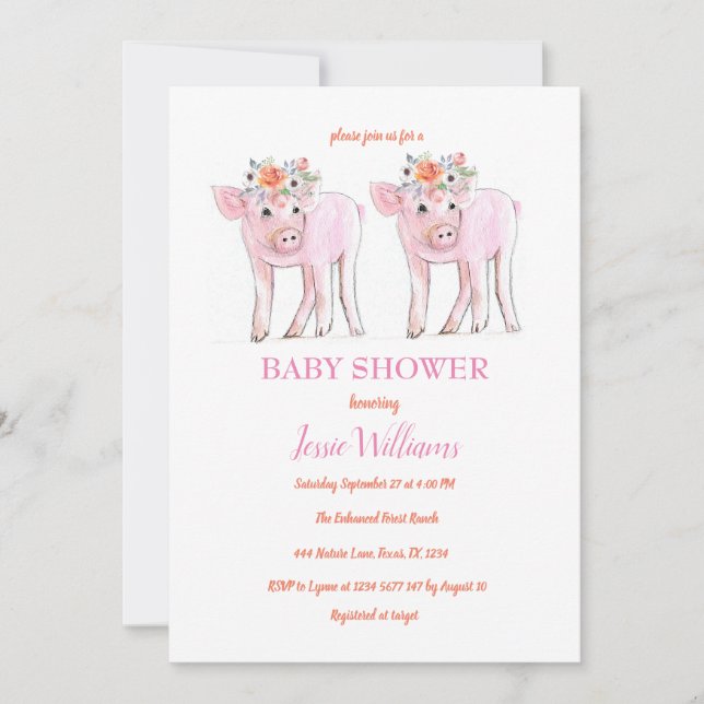 Piggy Twins Baby Shower Piglet Girl Farm Animes Einladung (Vorderseite)