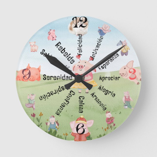 Piggy Wanduhr mit motivierend Spanischschreibern (Vorderseite)