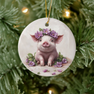 Piglet in einer Lila Blume Keramik Ornament