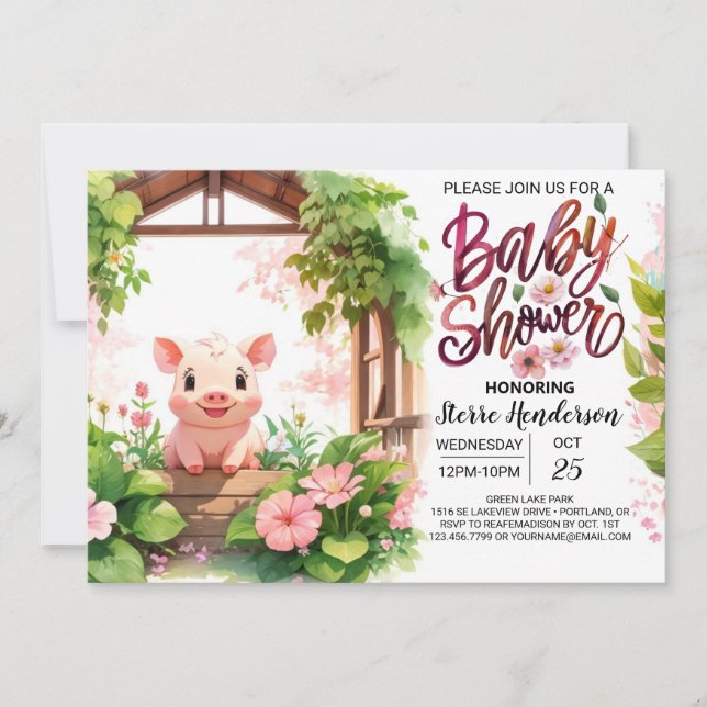 Piglet's Pink Paradise Watercolor Babydusche Einladung (Vorderseite)