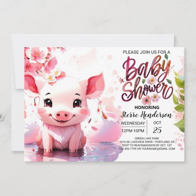 Piglet's Watercolor Farmyard Baby Shower Einladung (Vorderseite)
