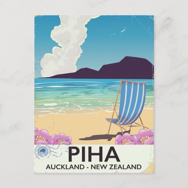 Piha New Zealand Vintage Reiseplakat Postkarte (Vorderseite)