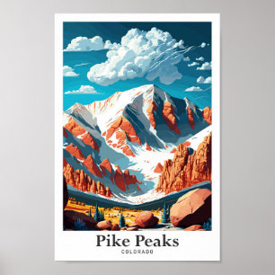 Pike Peaks Colorado Vintage Illustration Poster