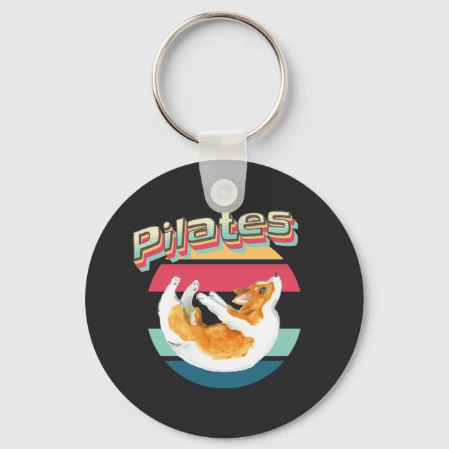 Pilates Corgi auf Retro Sunset Schlüsselanhänger (Vorderseite)