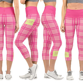 Pilates Yoga Pink Check Personalized Text Capri Leggings