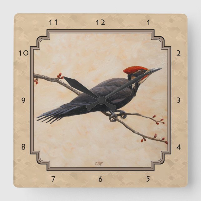 Pileated Woodpecker Tan Quadratische Wanduhr (Vorderseite)