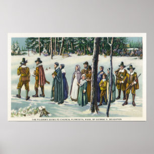 Pilger, die zur Kirche in der Schnee-Szene gehen Poster