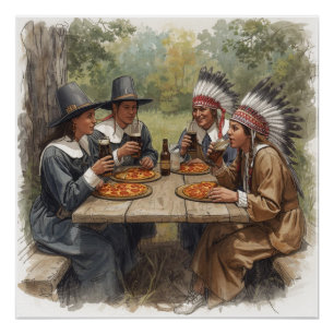 Pilger und Indianer Pepperoni Pizza Dunkelbier Poster