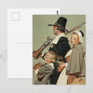Pilgerfamilie. Vintage-Kunst Thanksgiving Postkarte