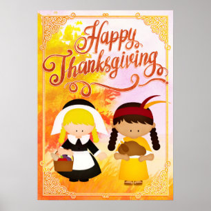 Pilgrim Girl & Native Girl - Glückliches Danksagen Poster