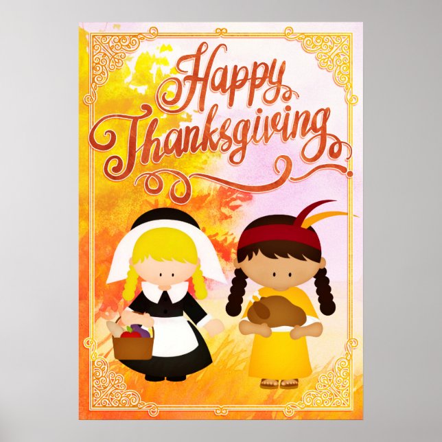 Pilgrim Girl & Native Girl - Glückliches Danksagen Poster (Vorne)