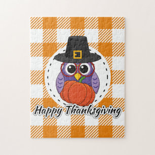 Pilgrim Owl auf Orange Kariert - Glückliches Ernte