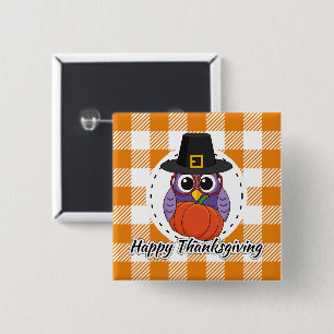 Pilgrim Owl auf Orange Kariert - Glückliches Ernte Button