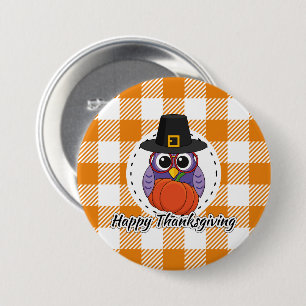 Pilgrim Owl auf Orange Kariert - Glückliches Ernte Button