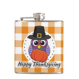 Pilgrim Owl auf Orange Kariert - Glückliches Ernte Flachmann