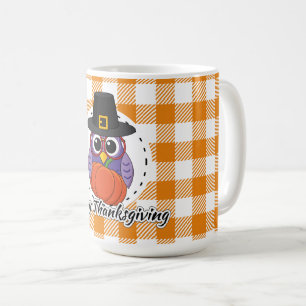 Pilgrim Owl auf Orange Kariert - Glückliches Ernte Kaffeetasse