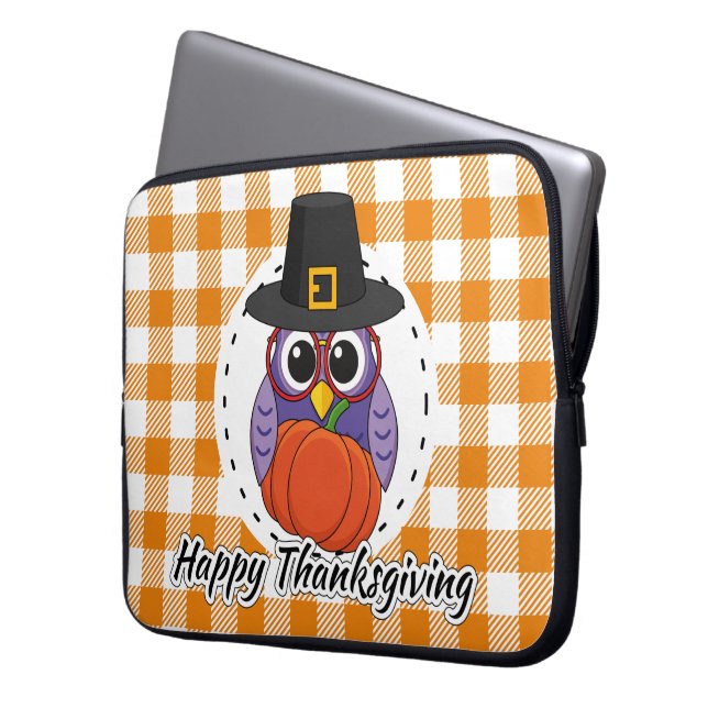 Pilgrim Owl auf Orange Kariert - Glückliches Ernte Laptopschutzhülle (Vorderseite Links)