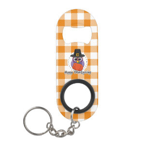 Pilgrim Owl auf Orange Kariert - Glückliches Ernte Mini Flaschenöffner