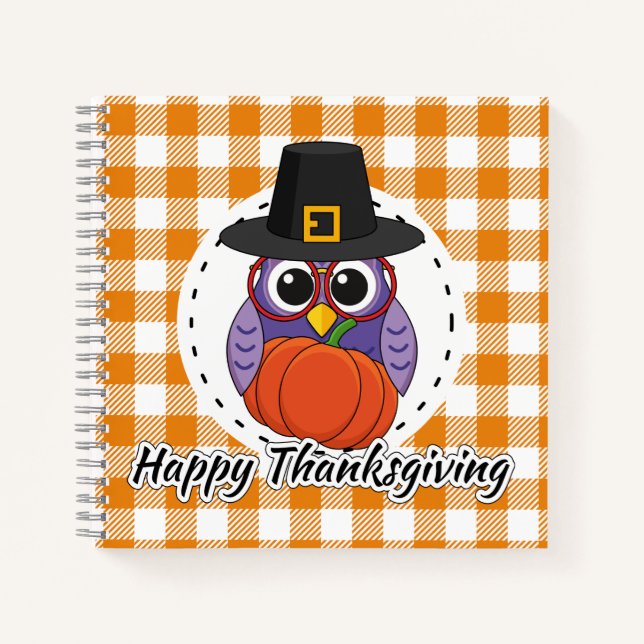 Pilgrim Owl auf Orange Kariert - Glückliches Ernte Notizbuch (Vorderseite)