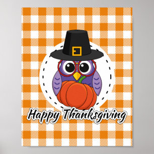 Pilgrim Owl auf Orange Kariert - Glückliches Ernte Poster