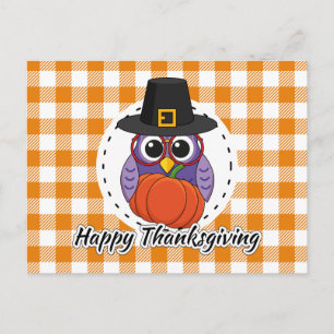 Pilgrim Owl auf Orange Kariert - Glückliches Ernte Postkarte