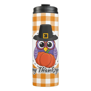 Pilgrim Owl auf Orange Kariert - Glückliches Ernte Thermosbecher