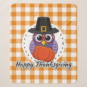 Pilgrim owl on Orange Plaid - Happy Thanksgiving