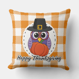 Pilgrim Owl on Orange Plaid - Happy Thanksgiving Kissen