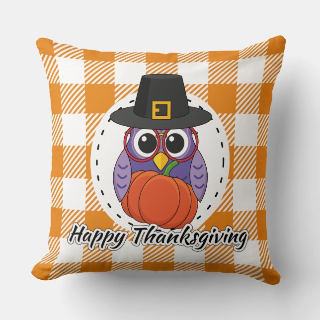 Pilgrim Owl on Orange Plaid - Happy Thanksgiving Kissen (Vorderseite)