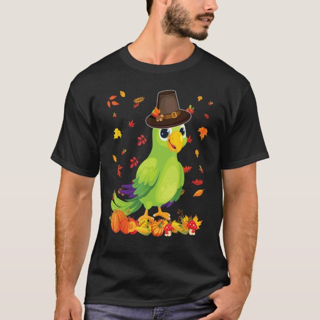 Pilgrim Parrot Happy Thanksgiving Thankful Pumpkin T-Shirt (Vorderseite)