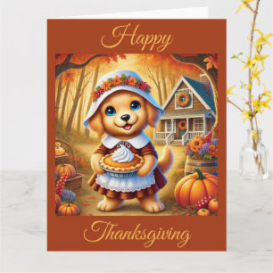 Pilgrim Puppy mit Pumpkin Pie auf Erntedank Karte