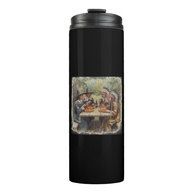 Pilgrims and Indians Pepperoni Pizza Dark Beer Thermosbecher (Vorderseite)