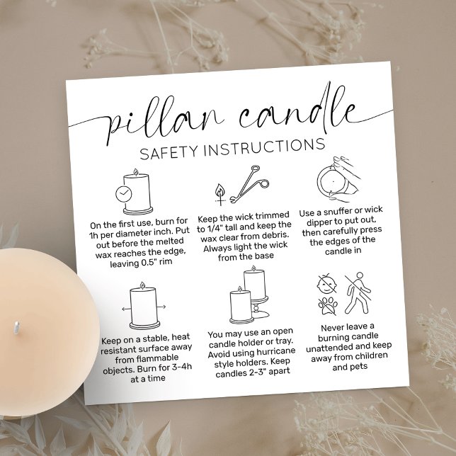 Pillar Candle Care Thank You Card Elegant Black Quadratische Visitenkarte (Pillar candle safety instructions cards with care icons, modern layout and space for your logo)