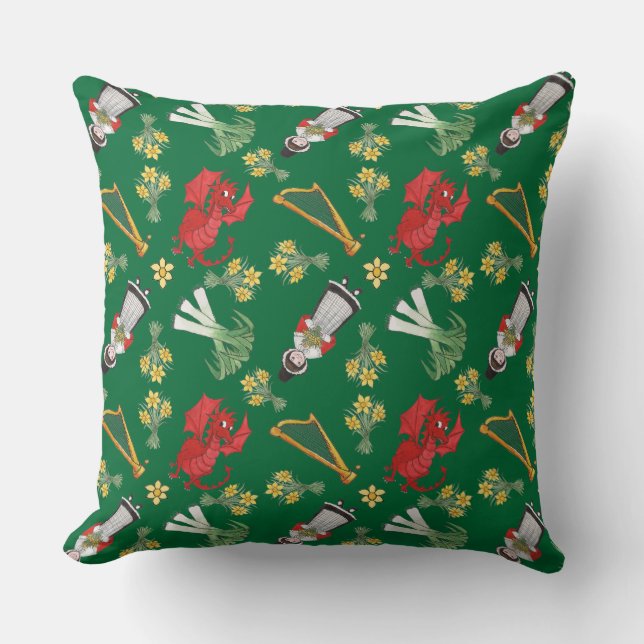 Pillow, Cushion: Welsh Daffodils Dragon Leeks Harp Kissen (Vorderseite)