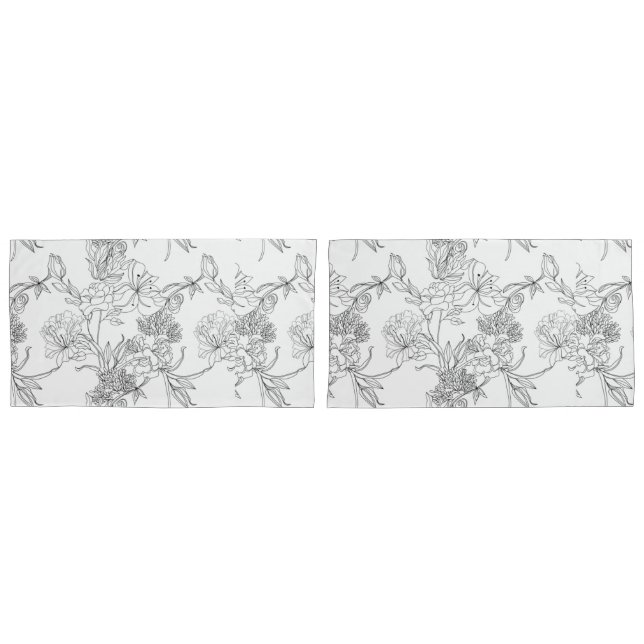 Pillowcases - Schwarz-Weiß-Blumendruck Kissenbezug (Vorderseite-Set)