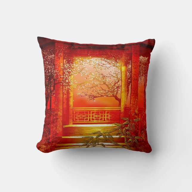 Pillows Asian Gold Red Bamboo Blossom Kissen (Vorderseite)