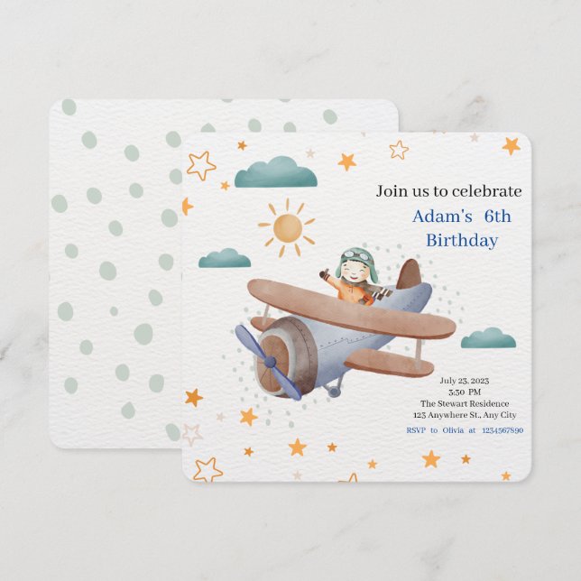 Pilot-Baby für blaue und grüne Waterfarbe Einladung (Vorne/Hinten)