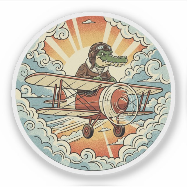 Pilot-Krokodil-Biplane - Vintager Aviator-Adventur Aufkleber (Vorderseite)