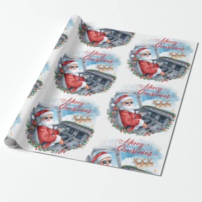 Pilot Santa is Flying for Christmas in the Sky  Geschenkpapier (Ungerollt)