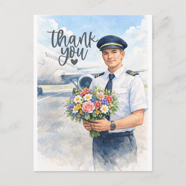 Pilot steht mit Blumen auf der Start-und-Landebahn Postkarte (Vorderseite)