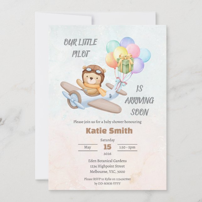 Pilot Teddy Bear Baby Shower Invitation (Devant)