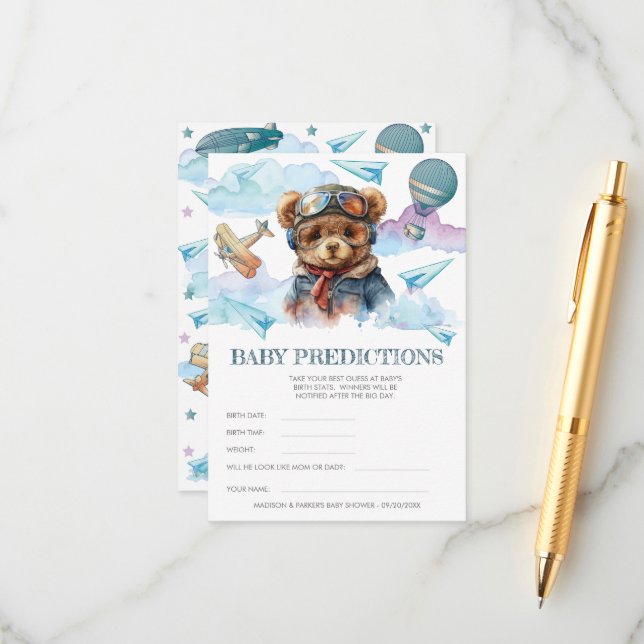 Pilot Teddy Bear Baby Showspiele Begleitkarte (Vorderseite/Rückseite Beispiel)