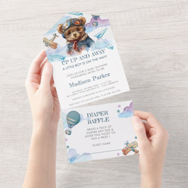 Pilot Teddy Bear Babydusche Windelwanne All In One Einladung (Abreißen)