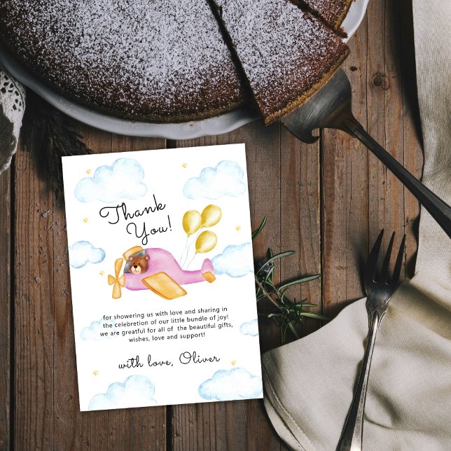 Pilot Teddy Bear Balloon Airplane Baby Shower  Dankeskarte (Pilot Teddy Bear Balloon Airplane Baby Shower Thank You Card)